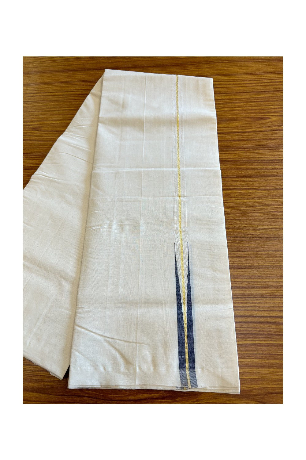 8% DISCOUNT!! KaithariKada HANDLOOM Millpaav Balaramapuram - 100% PURE Cotton OFF White Double - (Unbleached) Mundu/Dothi - 1 inch puliyilakkara Kasavu Navy Blue chutty - 4KK5029RAM