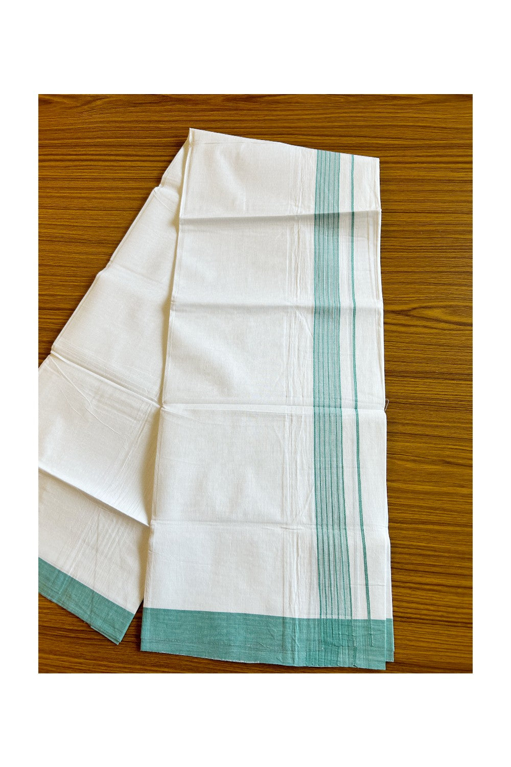 8% Discount ! Kaitharikada Balaramapuram 100% Cotton PURE WHITE SINGLE Mundu/Dothi- 1.75 inch Turquoise Striped Kara - 4KK5032GAN