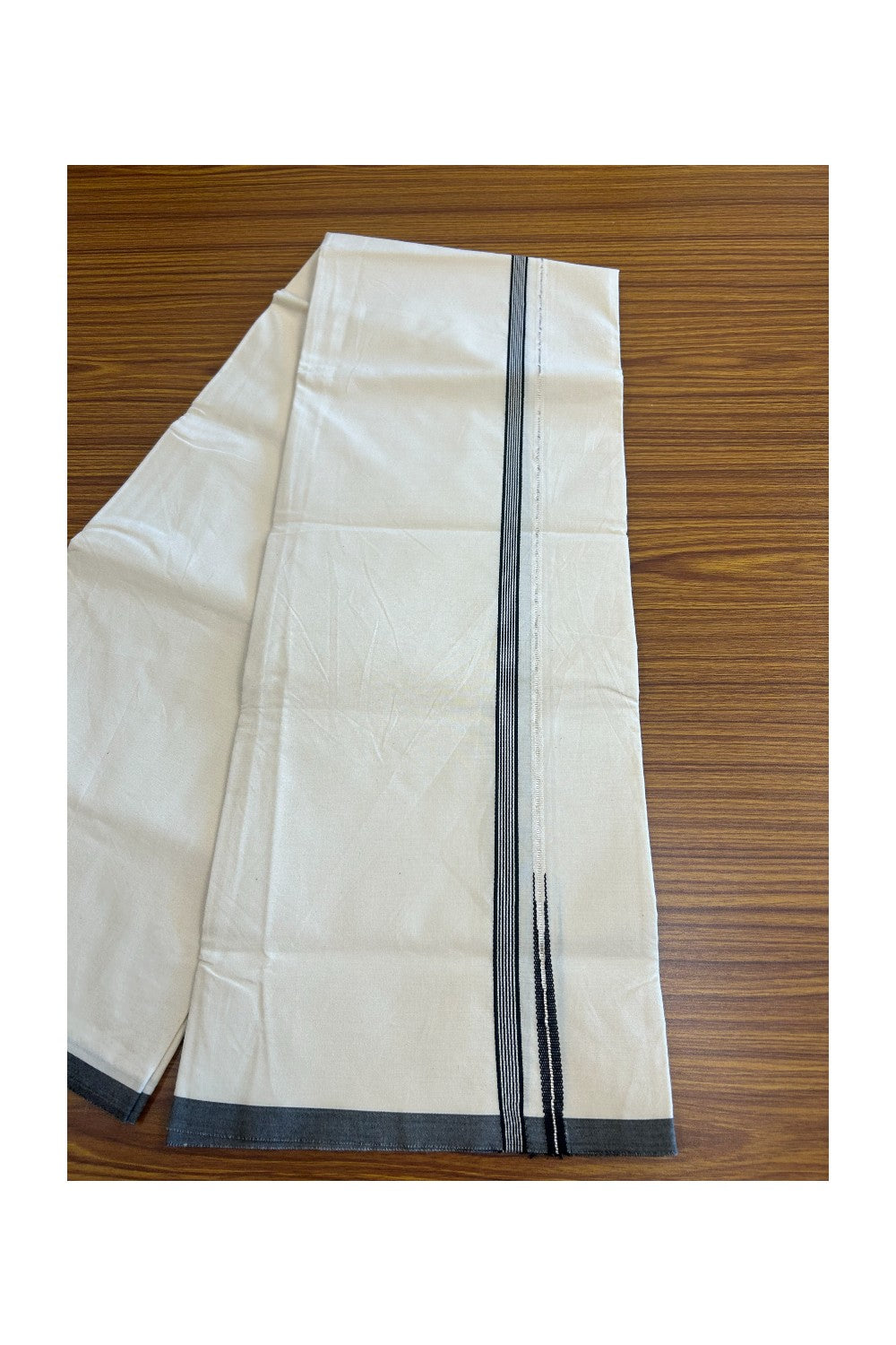 10% Discount!! KaithariKada Balaramapuram 100% COTTON SINGLE OFF WHITE - (Unbleached) Mundu/Dhoti - 100X100 - 0.5 Inch Black Striped Silver Puliyilakkara Chutty - 4KK5035ASH