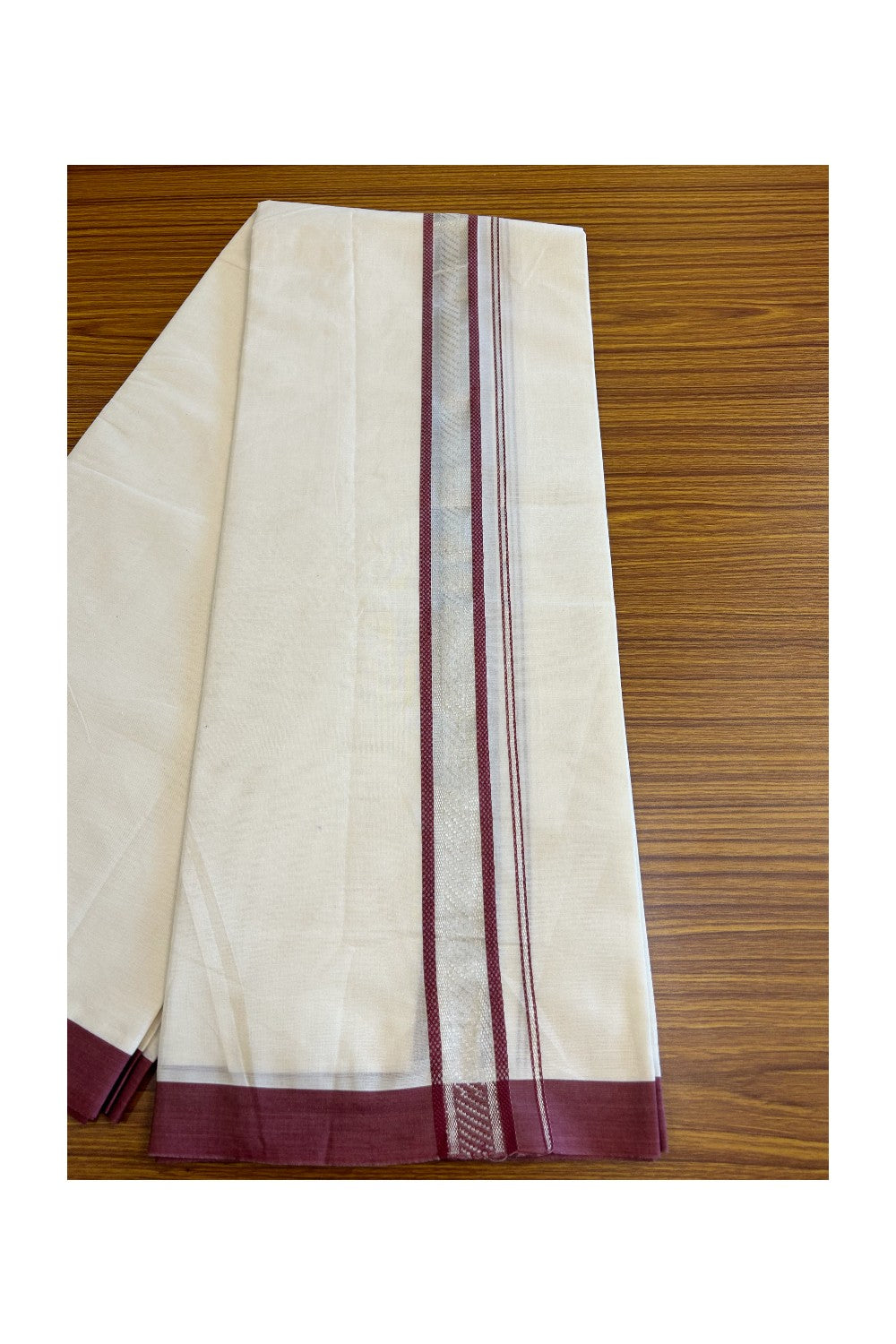 5% Discount!!! KaithariKada Balaramapuram  Double Off white - (Unbleached) Mundu/Dhoti - 80X90 - 2.25 inch SILVER  KASAVU & Maroon pattern Kara - 4KK5037KAI