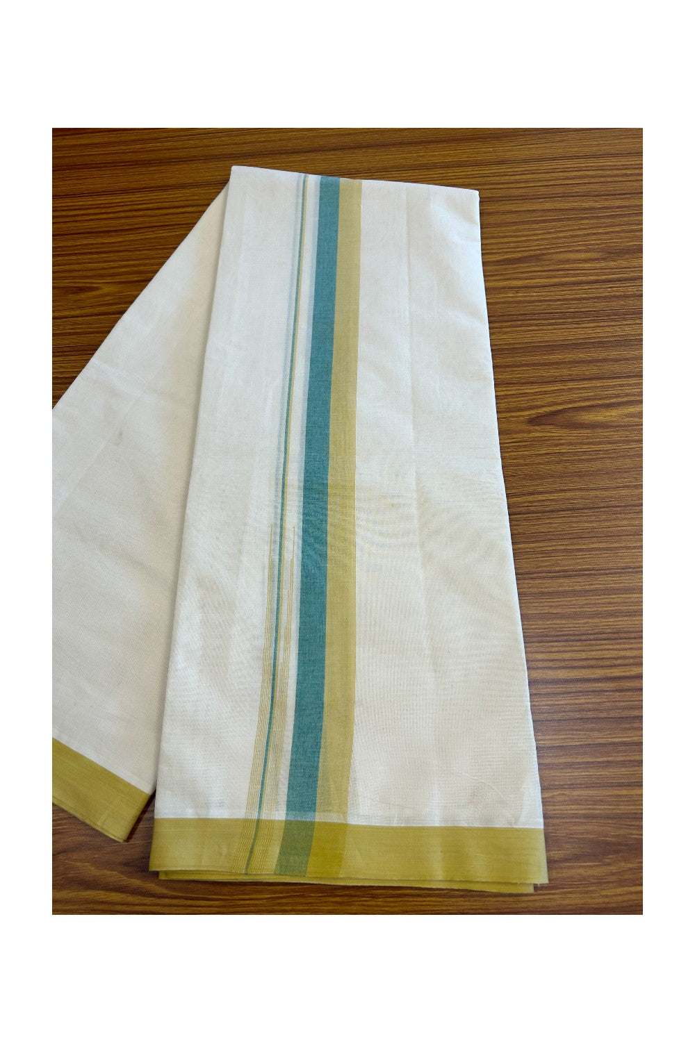 5% Discount!!! KaithariKada Balaramapuram  Double Off white - (Unbleached) Mundu/Dhoti - 80X90 - 1.75 inch Mustard Yellow & Green shaded puliyilakkara striped chutty - 18KK5037KAI