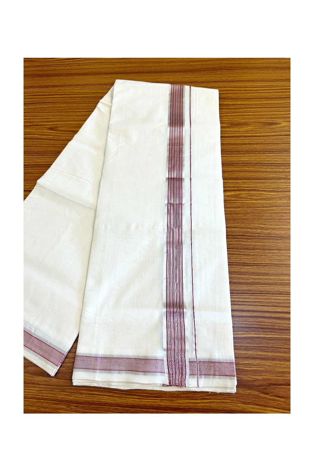 15% DISCOUNT! KaithariKada BALARAMAPURAM HANDLOOM UNAKKUPAAV - 100% PURE Cotton Double Mundu/Dhoti - 2 inch Silver Kasavu & Maroon Stripes Kara- 4KK503RAM