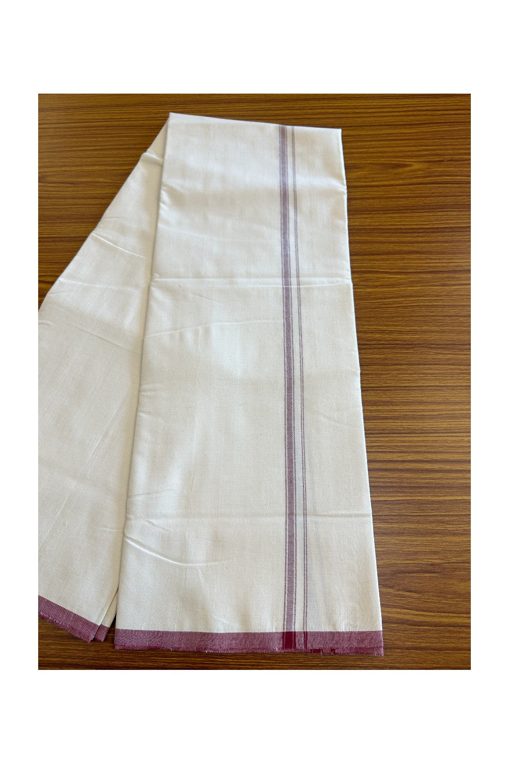 SIGNATURE KAITHARIKADA EXCLUSIVE SINGLE DHOTI - 100% Cotton Balaramapuram HANDLOOM Single Mundu/Dhoti - Off White - (Unbleached) 1 cm Maroon & Silver KASAVU Kara - 4KK5050KAI