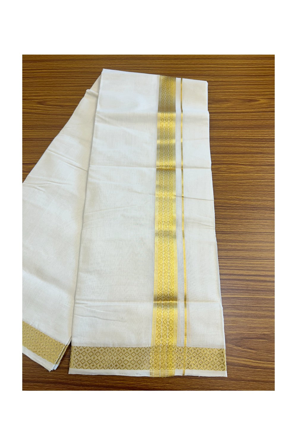 35% DISCOUNT! KaithariKada HANDLOOM Millpaav Balaramapuram - 100% PURE Cotton Off White Double Mundu/Dhoti -2.25  inch  Designer Kasavu Kara-29