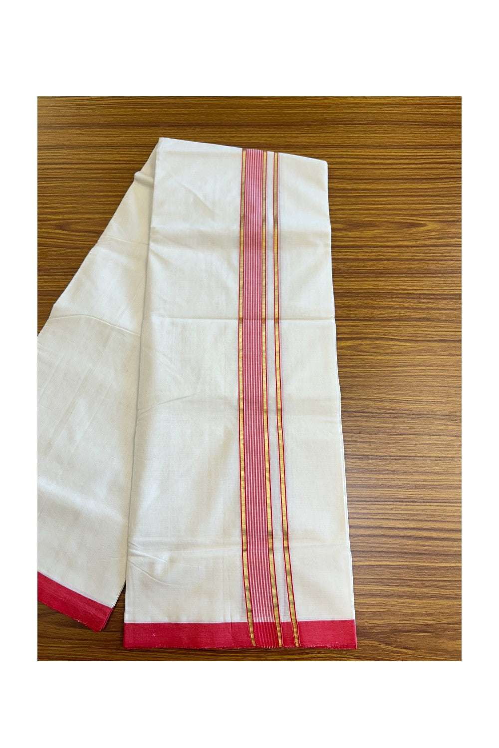 15% DISCOUNT! KaithariKada BALARAMAPURAM HANDLOOM UNAKKUPAAV - 100% PURE Cotton off white (Unbleached) Double Mundu/Dhoti - 2 inch Kasavu & Pink Red Stripes Kara-62