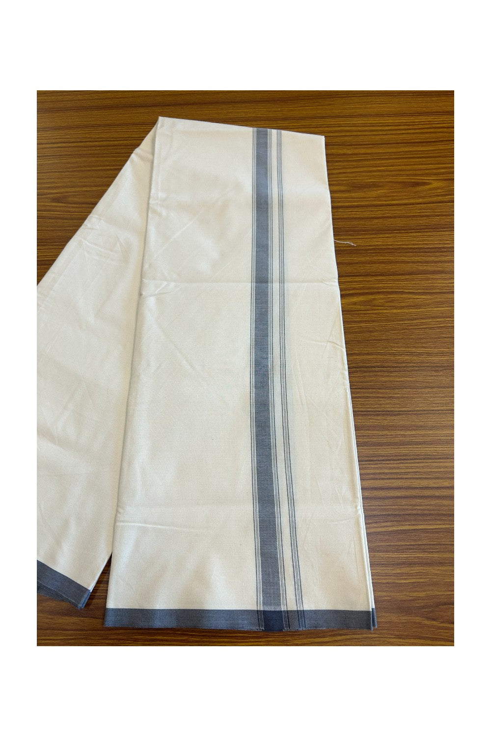 19% DISCOUNT ! KaithariKada Balaramapuram 100% COTTON SINGLE OFF WHITE - (Unbleached) Mundu/Dhoti-Twisted 100s Thread- 1.5 inch GRAY Striped Kara- 4KK5055ASH