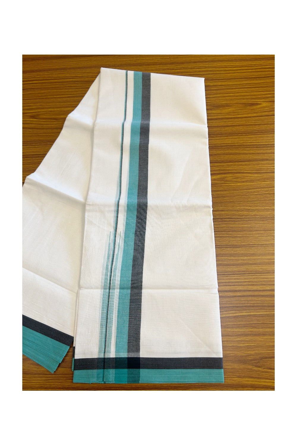 19% Discount!!! KaithariKada Balaramapuram  PURE WHITE Double Mundu/Dhoti - 80X90 - 2 inch Black & Turquoise Green  puliyilakkara striped chutty kara 3.85 meters - 4KK5058GUN