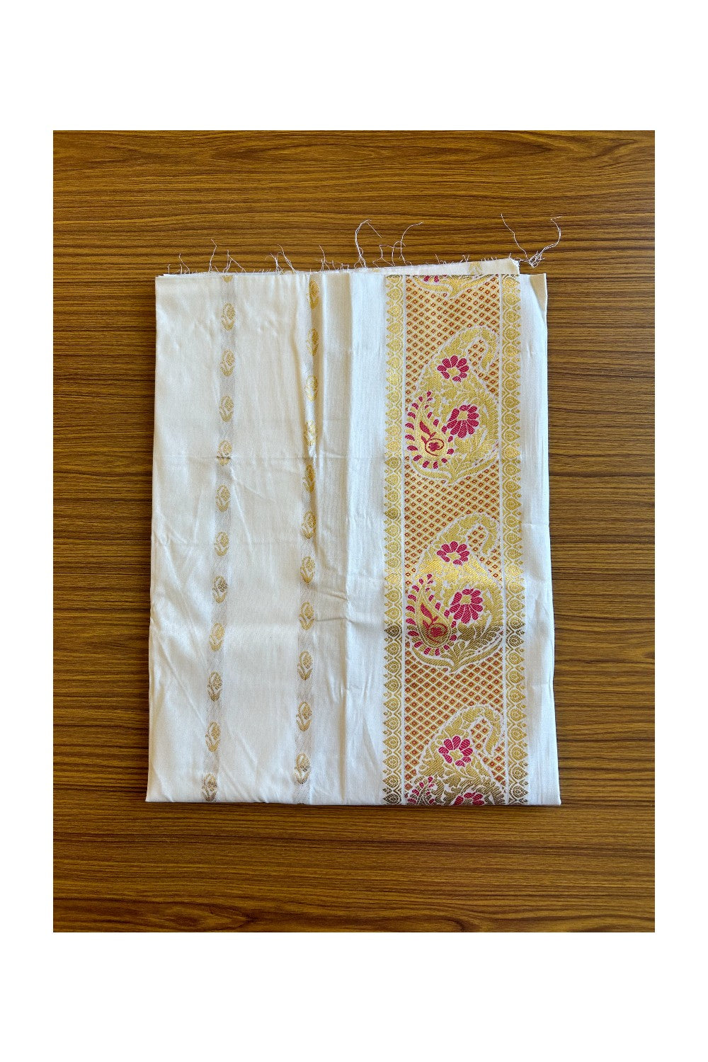 20% Discount ! Kaitharikada Traditional Kerala Style - Churidar Suit Material - Pure Cotton With Gold & Red Mango Design - 4KK505VIN