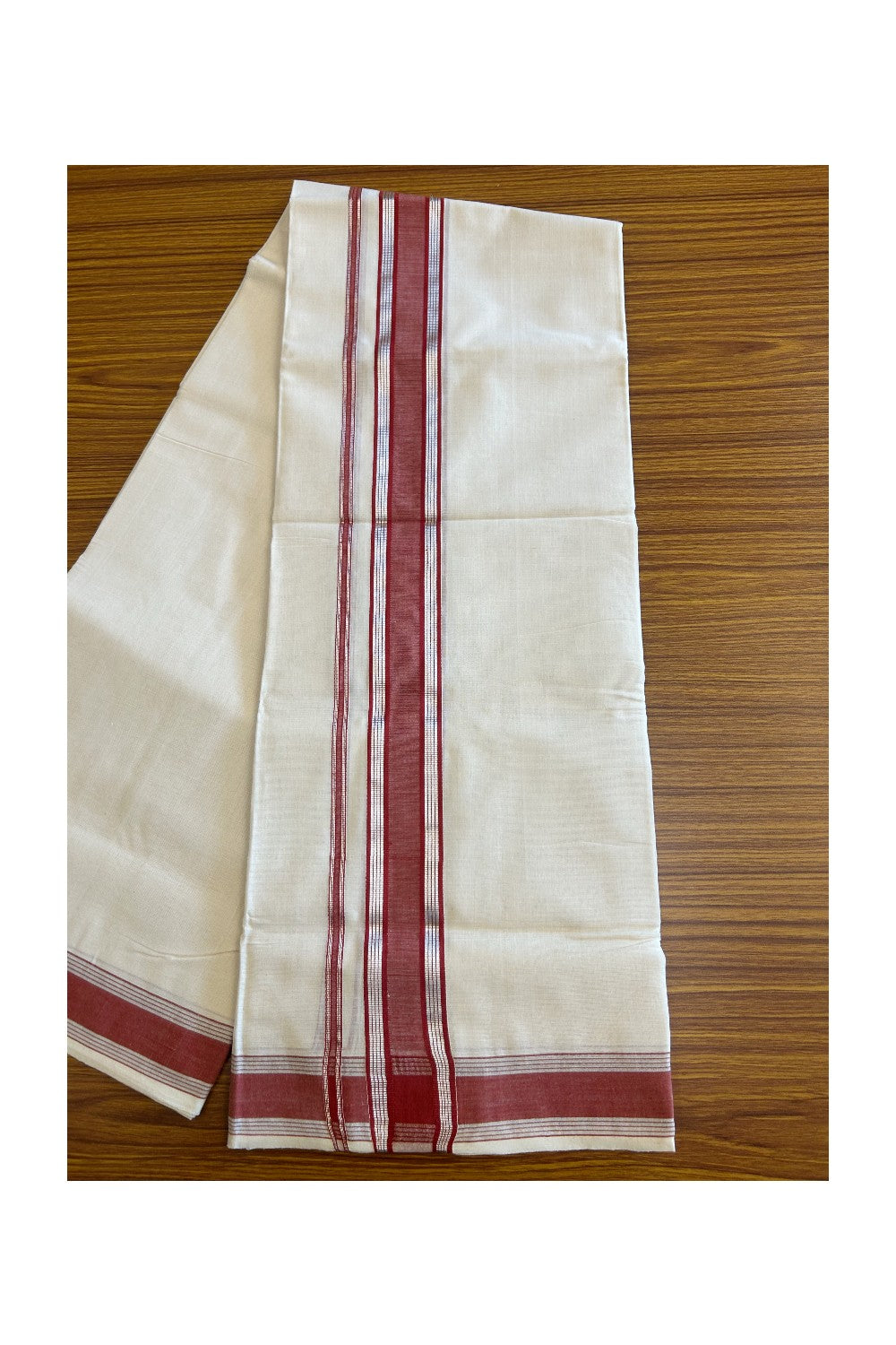 10% DISCOUNT!KaithariKada Handloom  Balaramapuram 100% Cotton Double Off white (Unbleached) Mundu/Dhoti-100X100- 2.75 inch Silver  Kasavu & Red Kara.-6.