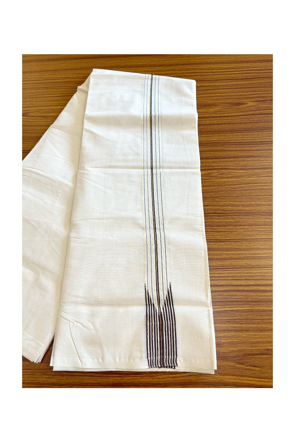 21% DISCOUNT ! KaithariKada 100% Cotton OFF WHITE Double - (Unbleached) Dhoti/Mundu - 12 Line Puliyilakkara Chutty Brown & Kasavu Stripes - 4KK5063KKK