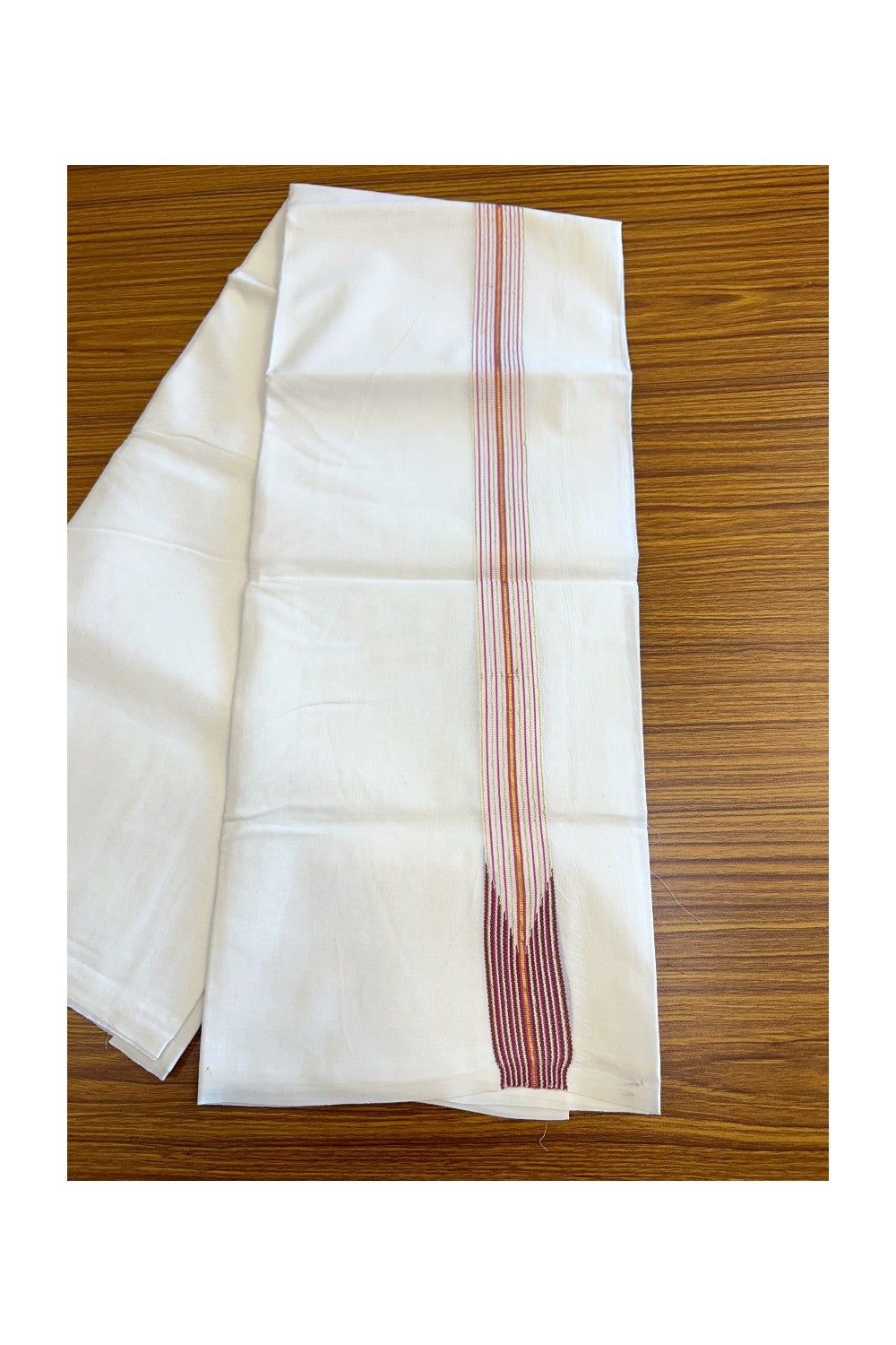 19% DISCOUNT ! KaithariKada 100% Cotton PURE WHITE Double Dhoti/Mundu- 12 Line Wine Red Puliyilakkara Chutty Pink & Kasavu Stripes- 4KK5067KK