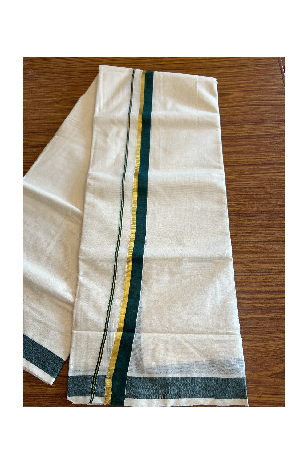 10% Discount! KaithariKada Balaramapuram 100% Cotton Off White - (Unbleached) Double Mundu/Dhoti-80x72 DARK GREEN & KASAVU - 8KK57VIN