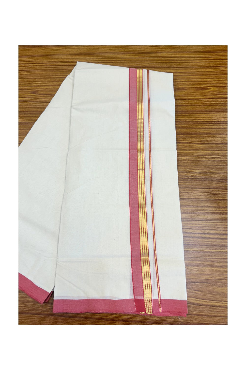 19% Discount !! KaithariKada HANDLOOM millpaav Balaramapuram - 100% PURE Cotton OFF White Double - (Unbleached)  Mundu/Dothi - 2.25  inch Kasavu stripes & Reddish Pink Kara 4.5 Meters (10 Muzham) - 4KK5081RAM