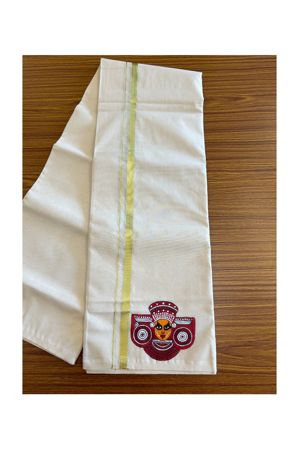 KaithariKada Balaramapuram 100% Cotton Double Off white - (Ubleached) Mundu/Dhoti-100x80 1 inch Kasavu & Hand Painted Theyyam Design Kara 3.70 meter- 4KK5083ASH