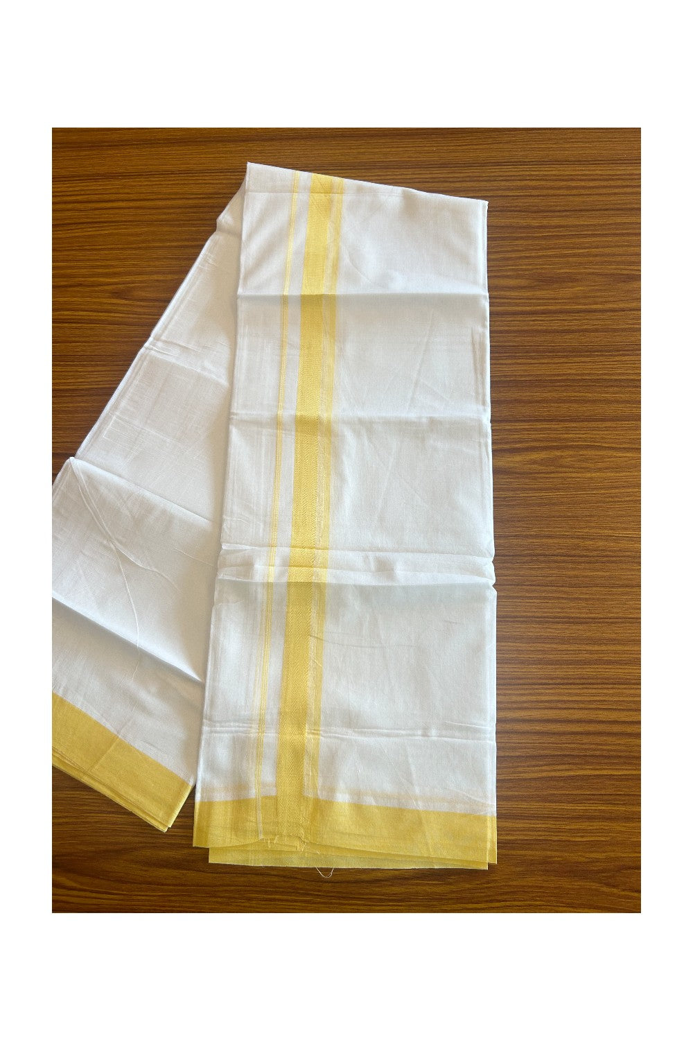 20% Discount !! Kaitharikada Balaramapuram 100% Cotton Pure WHITE Double Mundu/Dothi-100x80  2 Inch Yellow shaded Striped kara - 4KK5085VIN