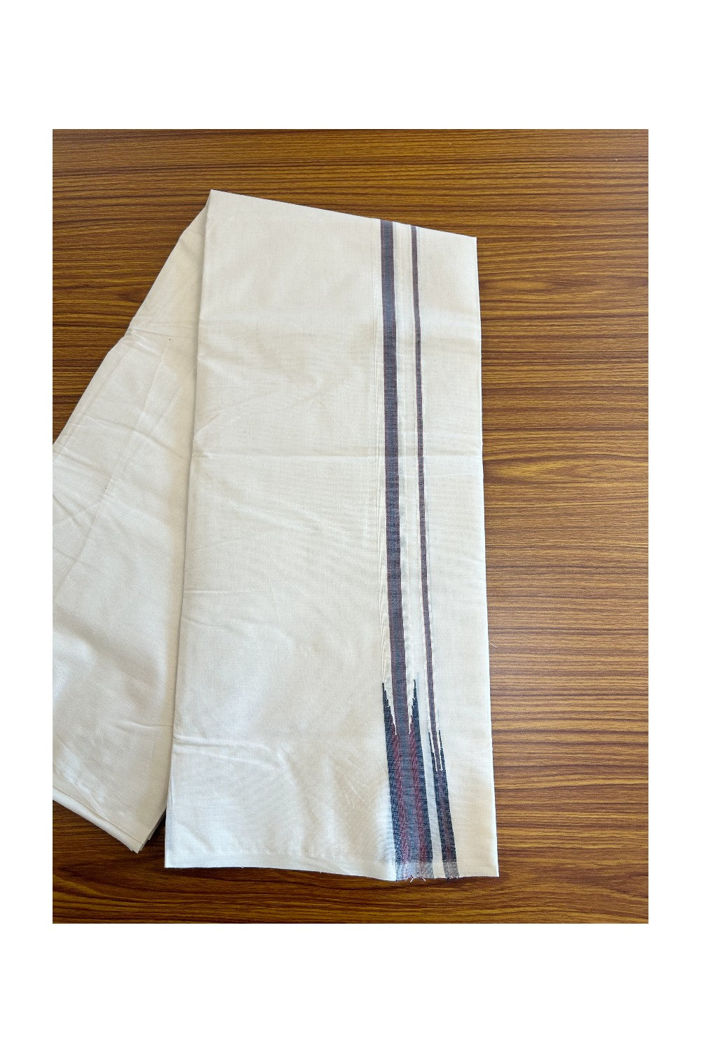 DMK VESHTI SHORT DHOTI SPECIAL! Kaitharikada.com - 19% Discount! Balaramapuram Double Off white - (Unbleached) Mundu/Dhoti - 100X100 - 1 inch Kara & 45 inches Height  Puliyilakkara Black & Dark Red Double Chutty Kara - 4KK5088ASH