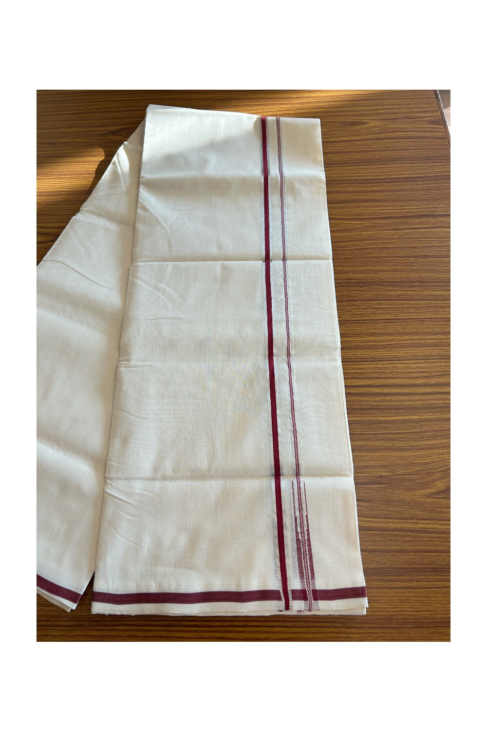 19% DISCOUNT!! KaithariKada HANDLOOM UNAKKUPAAV Balaramapuram - 100% PURE Cotton OFF White - (Unbleached) Double Mundu/Dothi - 1 cm Puliyilakkara Maroon & Silver Kasavu chutty Kara - 4KK5089YAR