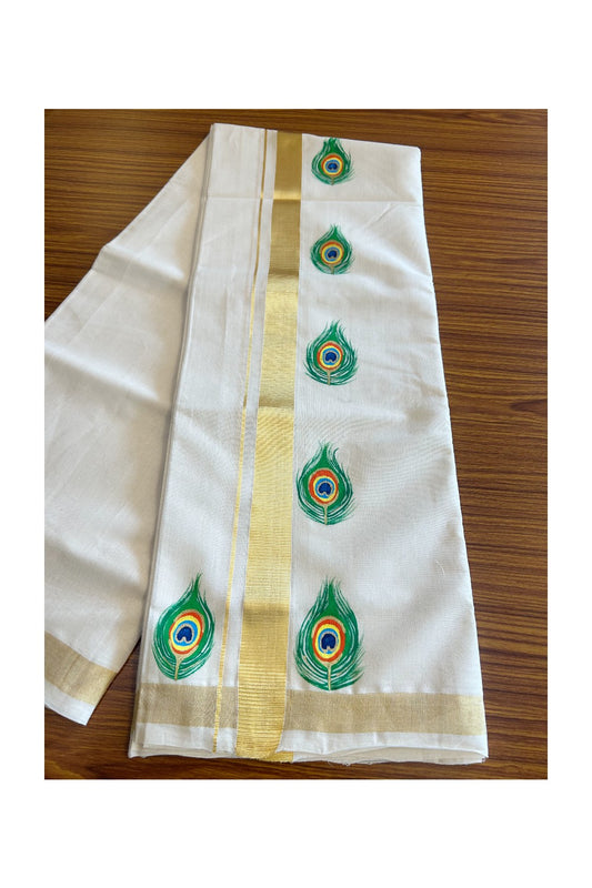 KaithariKada HANDLOOM Millpaav Balaramapuram - 100% PURE Cotton OFF White - (Unbleached) Double Mundu/Dothi - 1.75 Inch Kasavu kara Hand Painted Peacock feather Design - 4KK5091RAM