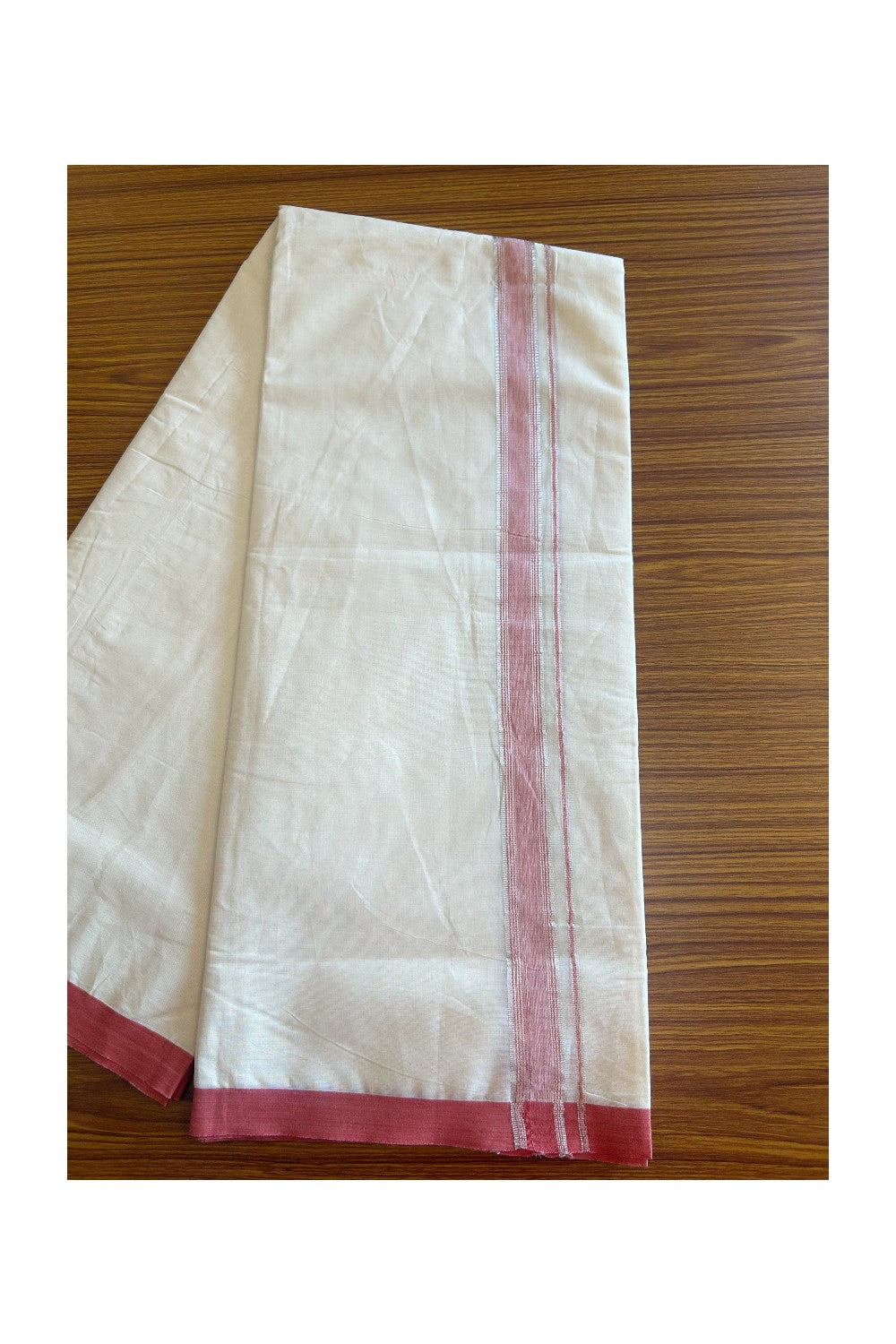 19% DISCOUNT ! KaithariKada 100% Cotton OFF WHITE (Unbleached) Double Dhoti/Mundu- 1.75 inch Puliyilakkara Reddish Pink & Silver Striped Kara 4.26 Meters (9.13 Muzham) - 4KK5093ASH