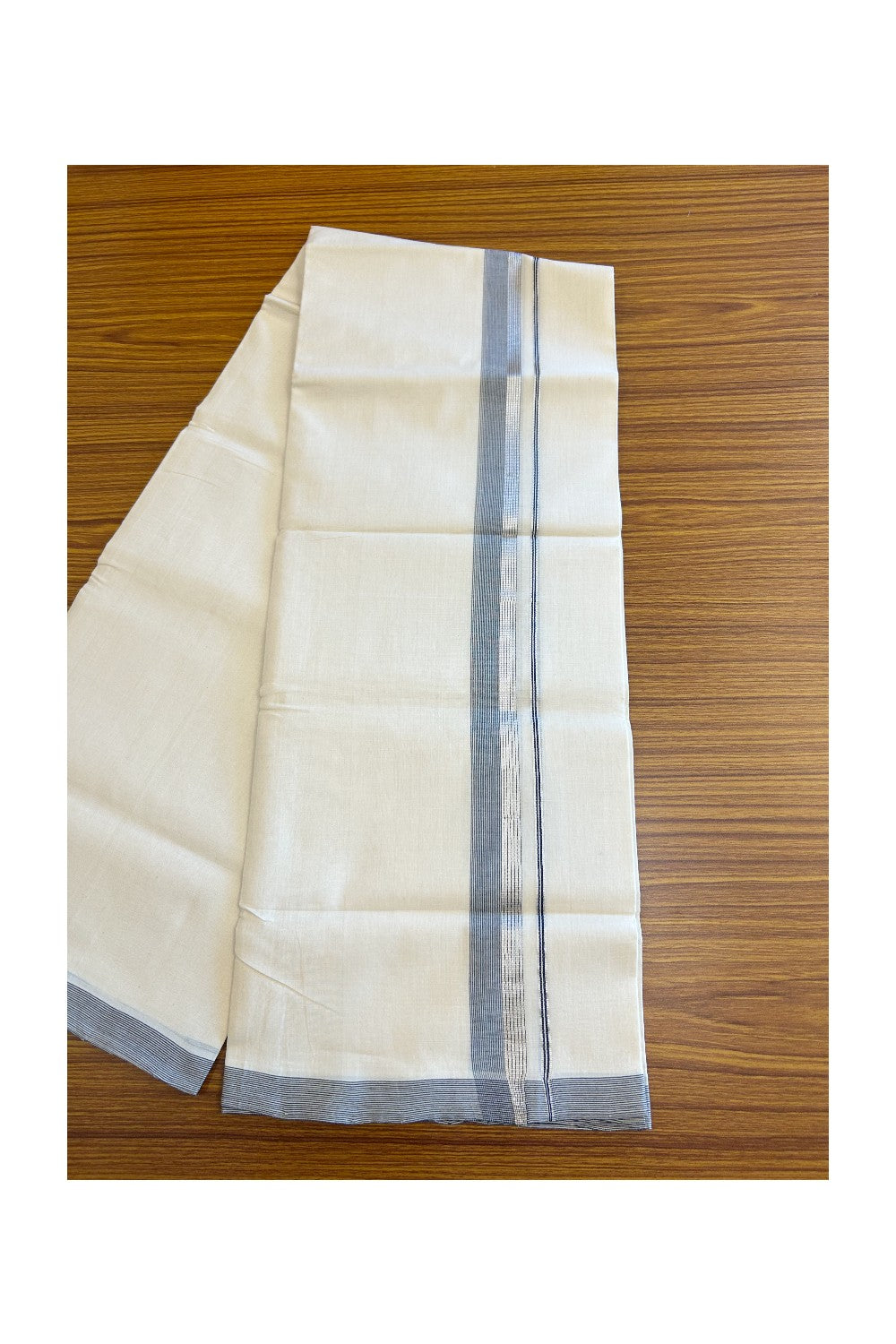 19% Discount! KaithariKada HANDLOOM UNAKKUPAAV Balaramapuram - 100% Cotton Double OFF White (Unbleached) - Mundu/Dhoti - 100x100 2.25 inch Blue &Silver kasavu Stripes Kara - 4KK5096YAR