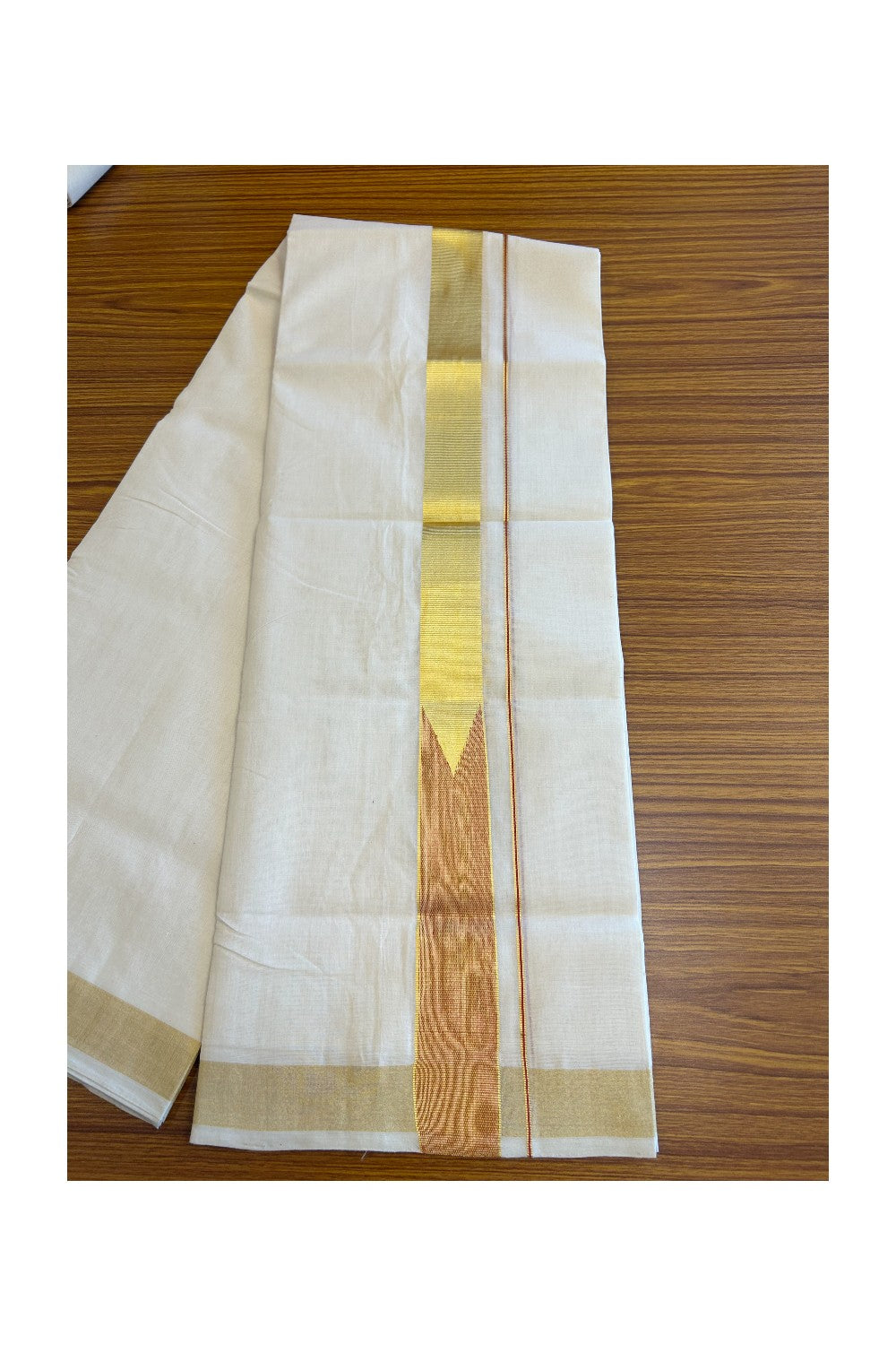 30% DISCOUNT ! KaithariKada HANDLOOM Unakkupaav Balaramapuram - 100% PURE Cotton Off White - (Unbleached) Double Mundu/Dhoti - 100x100 Kasavu 1.5 Inch RED Chutty - 4KK5097ABH