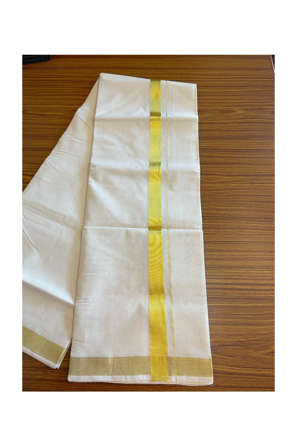 30% DISCOUNT!! KaithariKada HANDLOOM Unakkupaavu Balaramapuram - 100% Cotton Double OFF White - (Unbleached) Mundu/Dhoti - 100x100 - 1.5 inch Gold Kasavu Kara 3.80 meters - 4KK5099ELA