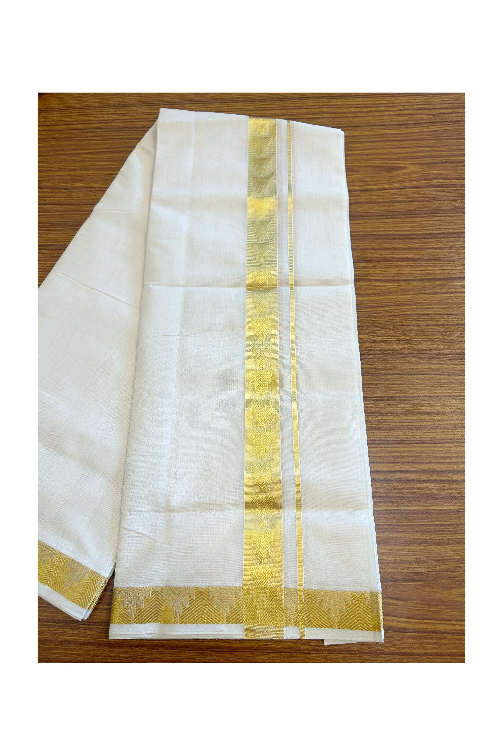 30% DISCOUNT ! KaithariKada HANDLOOM Unakkupaav Balaramapuram - 100% PURE Cotton Off White - (Unbleached) Double Mundu/Dhoti - 2.25 inch Gold Kasavu Design Kara - 4KK5107ABH