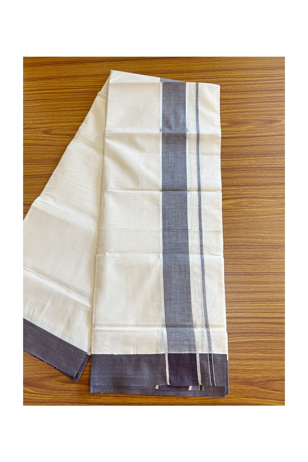 19% DISCOUNT! KaithariKada Balaramapuram 100% Cotton  Off white (Unbleached) Double Mundu/Dhoti-100x100 2.5 inch Brown Shaded kara - 4KK5110THI