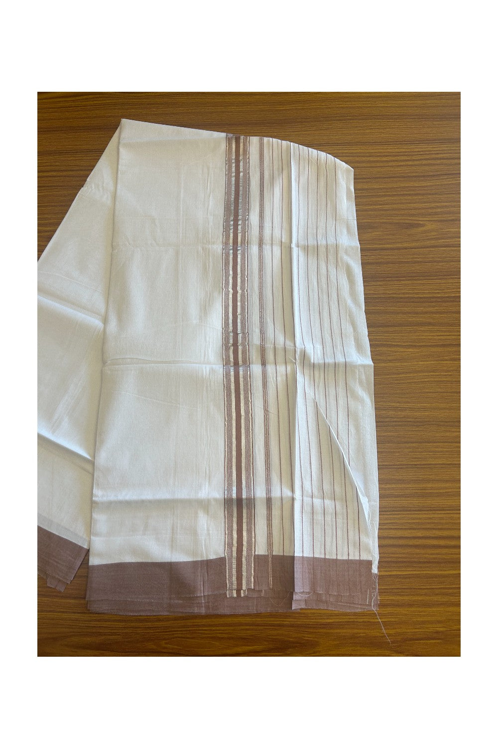 20% Discount !! KaithariKada Balaramapuram Double PURE WHITE Mundu/Dhoti- 100x80 - 6.25 inch Pale Brown & Silver Striped kara - 3.90 mtr - 4KK5112PMC