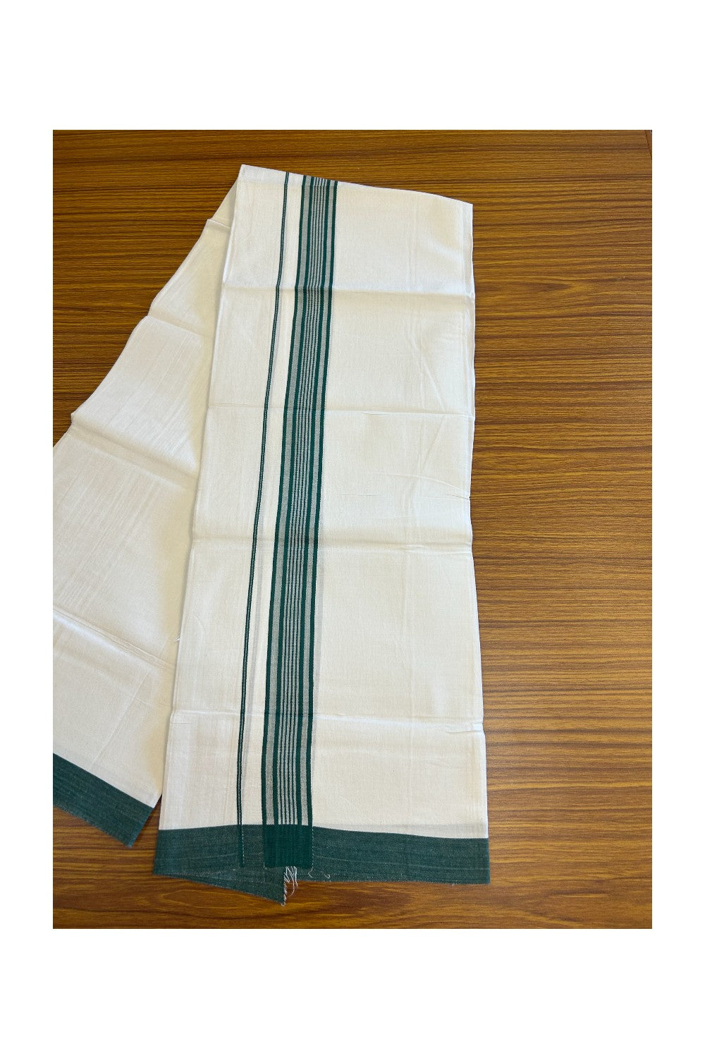 8% DISCOUNT ! KaithariKada Balaramapuram 100% Cotton Pure white Single Mundu/Dhoti - (40S) - 2 inch Green  Striped  Kara (2 meter / 4 muzham) - 4KK5115THI.