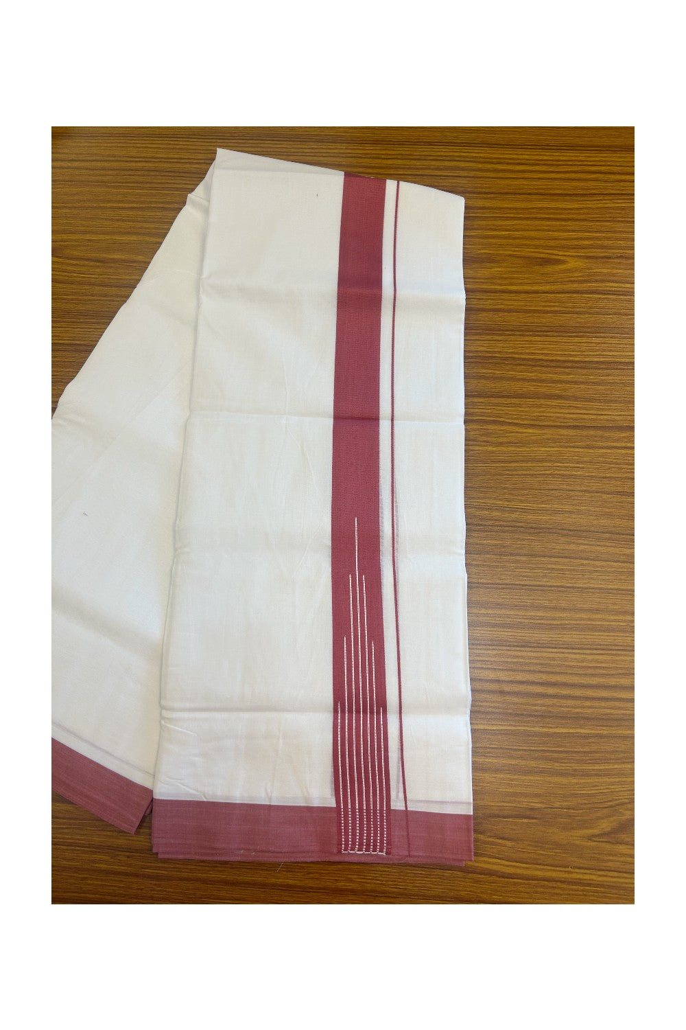 20% DISCOUNT! KaithariKada Balaramapuram 100% Cotton PURE WHITE Double Mundu/Dhoti-100x80 1.5 inch Reddish Maroon white striped chutty designer kara - 4KK5116MR