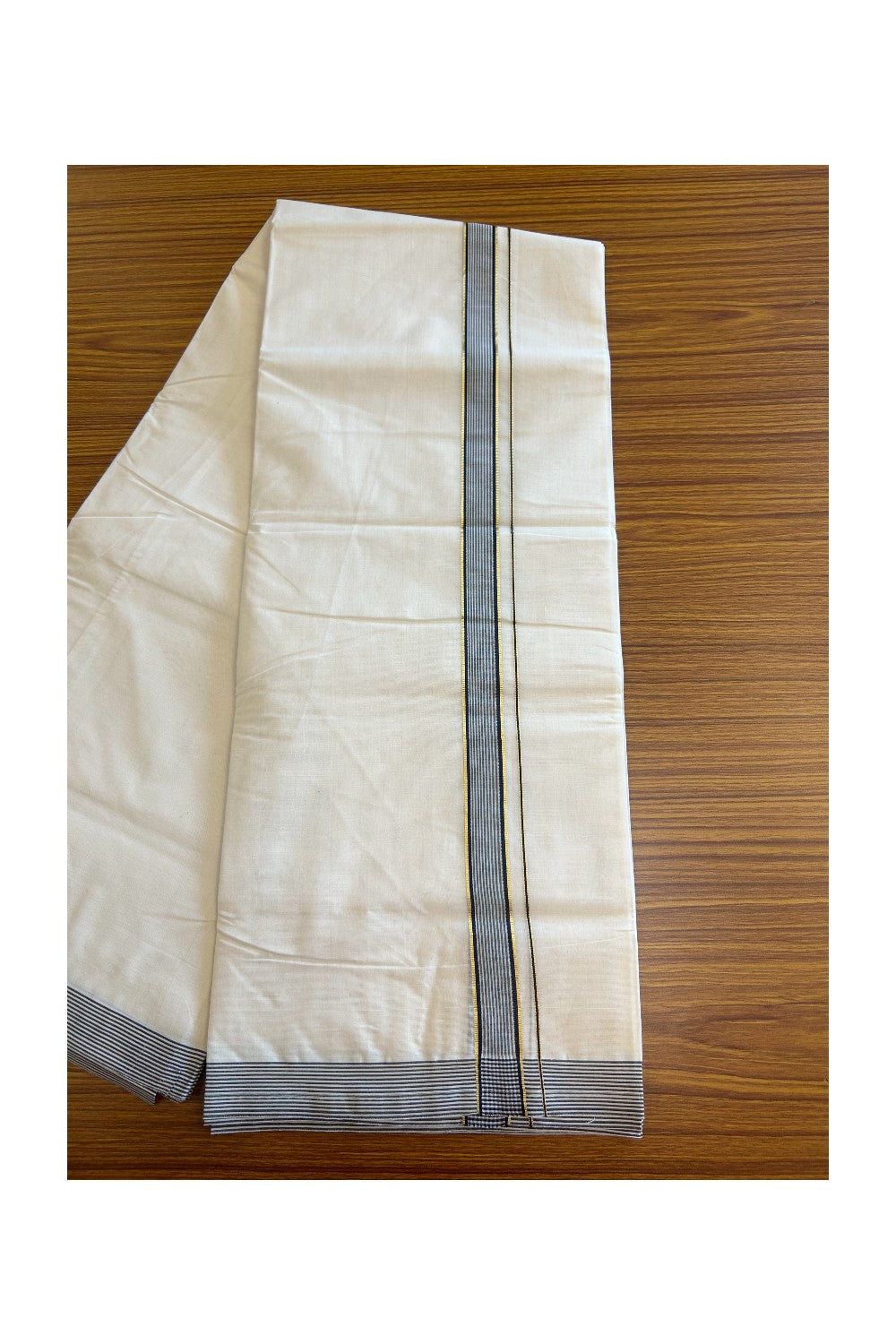 19% Discount ! KaithariKada Balaramapuram 100% Cotton Double Off white - (Unbleached) - Mundu/Dhoti- 100x100 - 1.5 inch Gold Kasavu & Navy Blue Striped Kara.- 4KK5117ASH