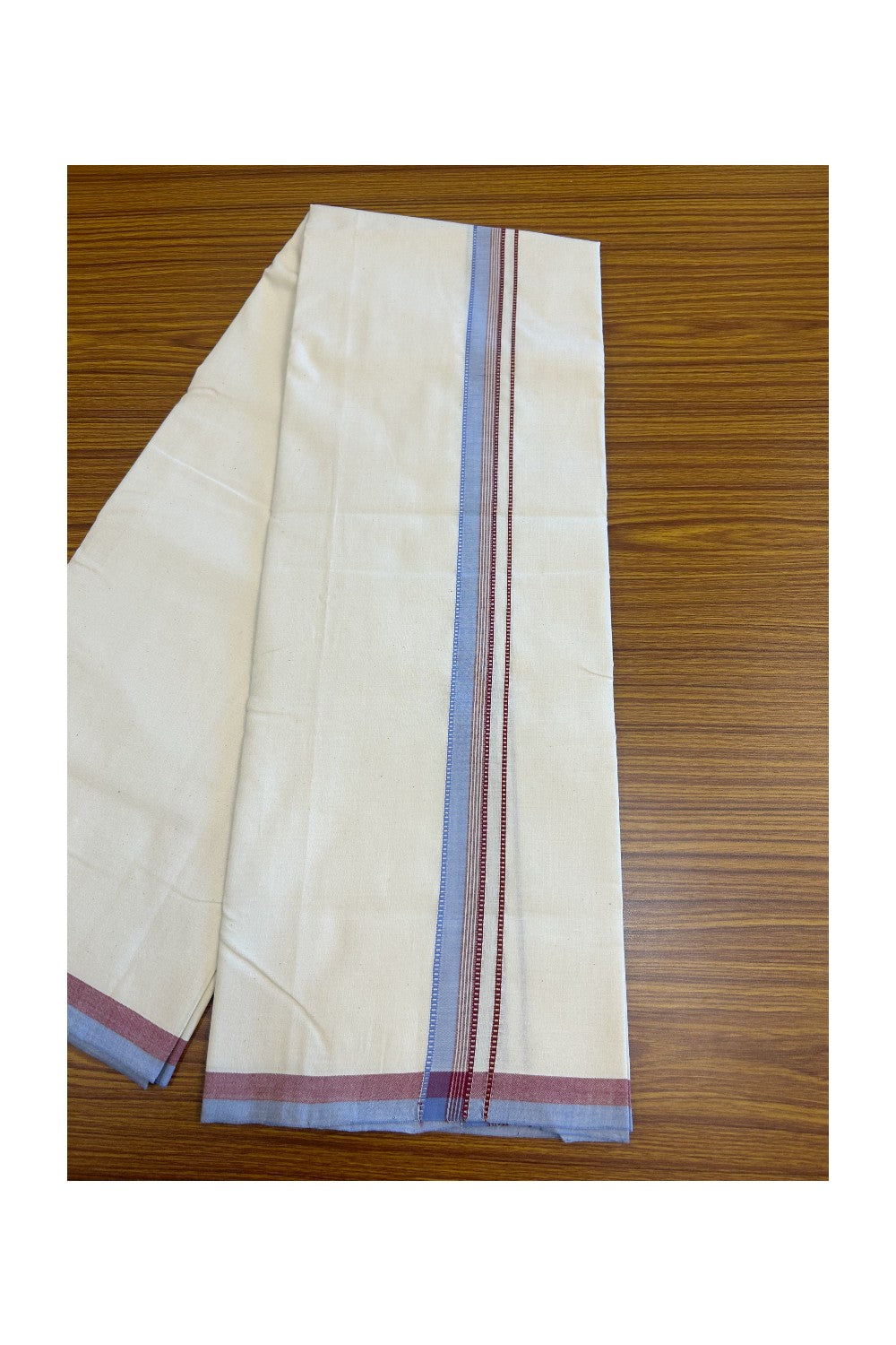 SIGNATURE KAITHARIKADA EXCLUSIVE SINGLE DHOTI -30% Discount!  100% Cotton Balaramapuram HANDLOOM Single Mundu/Dhoti - Off White - (Unbleached) 1 inch Lavender Blue & Maroon Silver gold Kasavu Muthukuri white striped kara  (2meters /4muzham) - 3KK5131KAI