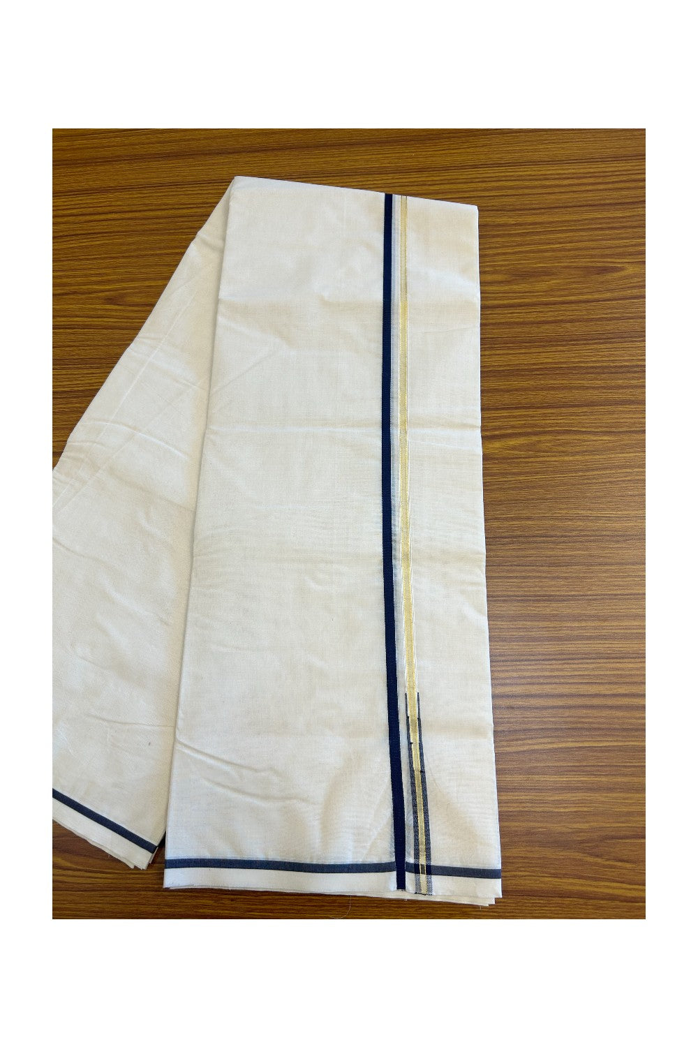 19% DISCOUNT! KaithariKada Balaramapuram 100% Cotton Double Off white - (Unbleached) Mundu/Dhoti-100x100  1.cm Chutty Puliyilakkara Kasavu & Navy Blue Kara - 4KK5133ASH