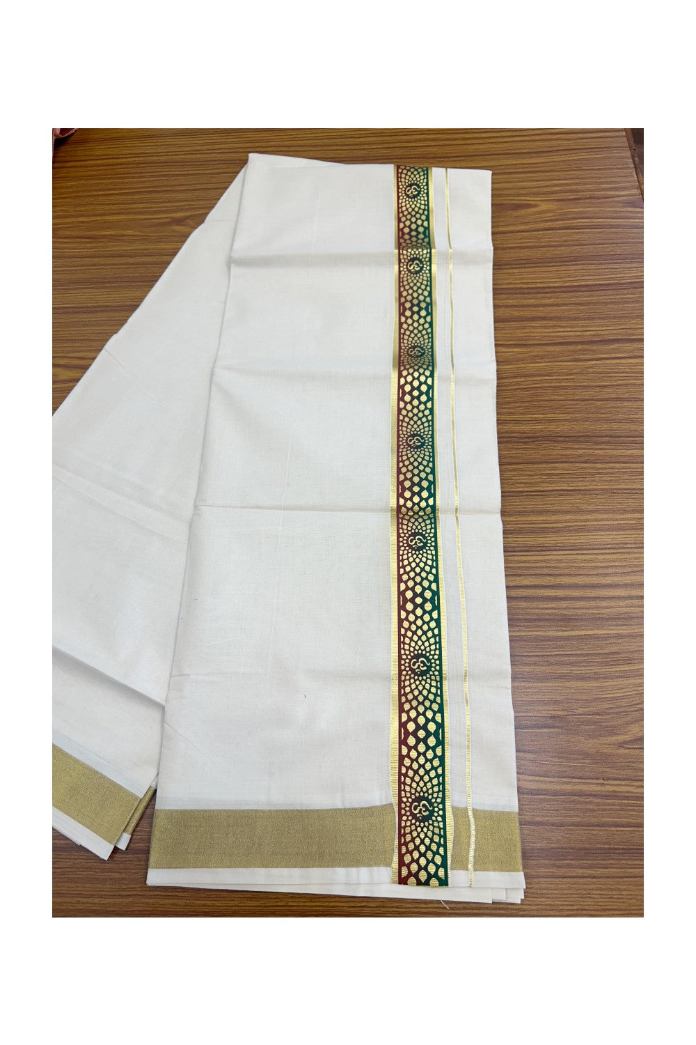 19% Discount !! KaithariKada Balaramapuram 100% Cotton Double Off white - (Unbleached) Mundu/Dhoti-100X80- 1.5 inch Hand Painted Kasavu Maroon & Green OHM Design Kara- 4KK5135GAN