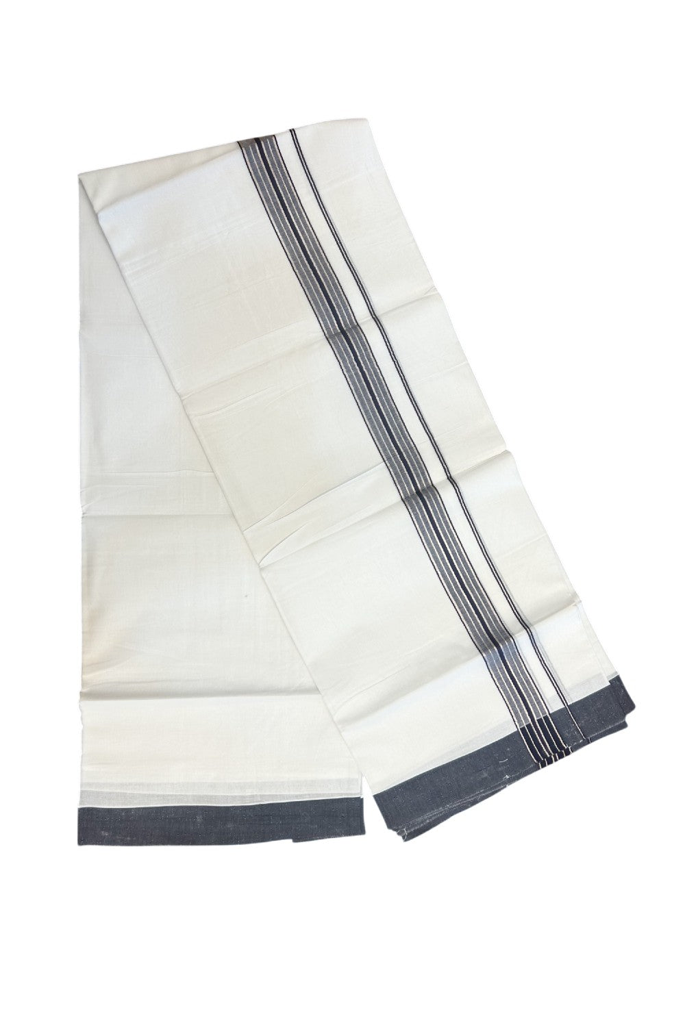 20% Discount !! KaithariKada Balaramapuram Double PURE WHITE Mundu/Dhoti- 100x80 - 1.5 inch Dark Navy Blue Kara Silver Striped kara - 4KK5143PMC