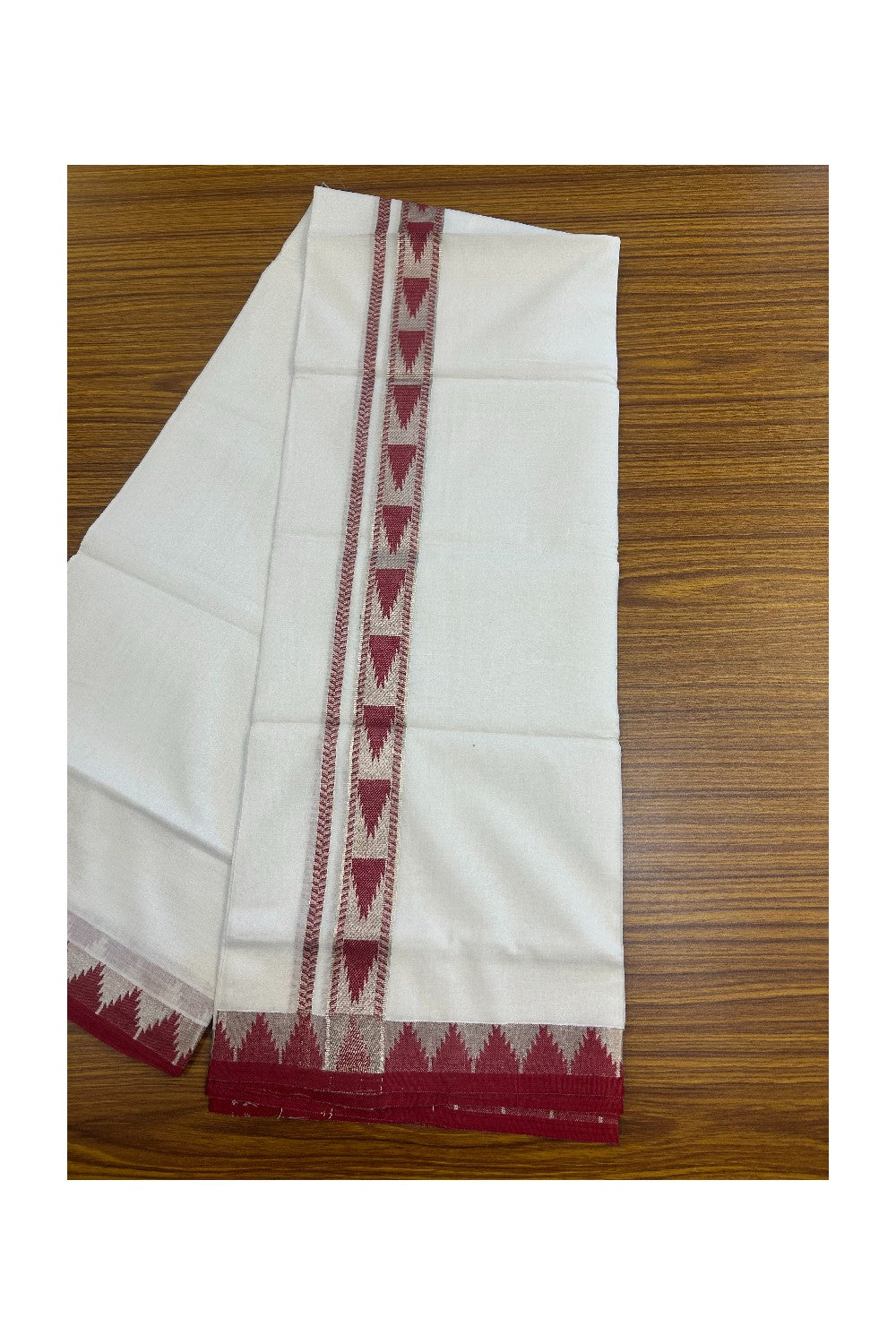 20% DISCOUNT! KaithariKada Balaramapuram 100% Cotton Double PURE white Mundu/Dhoti - 100x80 - 1.25 Inch Magenta Red & Silver kasavu Temple Design Kara - 4KK5147PMC