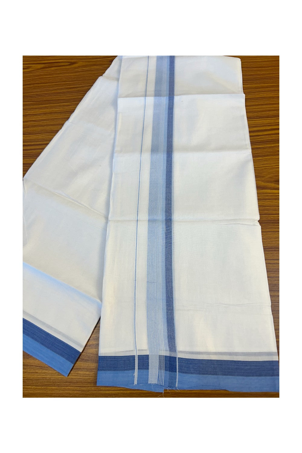 21% DISCOUNT!! Kaitharikada Balaramapuram 100% Cotton Ultra WHITE Double Mundu/Dothi-100x80   2.25 Inch BLUE & WHITE STRIPED Cotton Kara -4KK63VIN