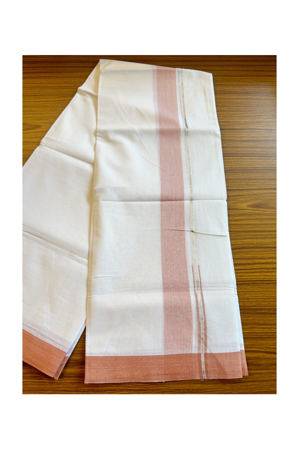 21% DISCOUNT! KaithariKada Balaramapuram 100% Cotton PURE WHITE Double Mundu/Dhoti-100x92 Puliyilakkara Chutty Silver Kasavu & Orange Brown 2.5 inch Shaded Kara - 4KK73VAS