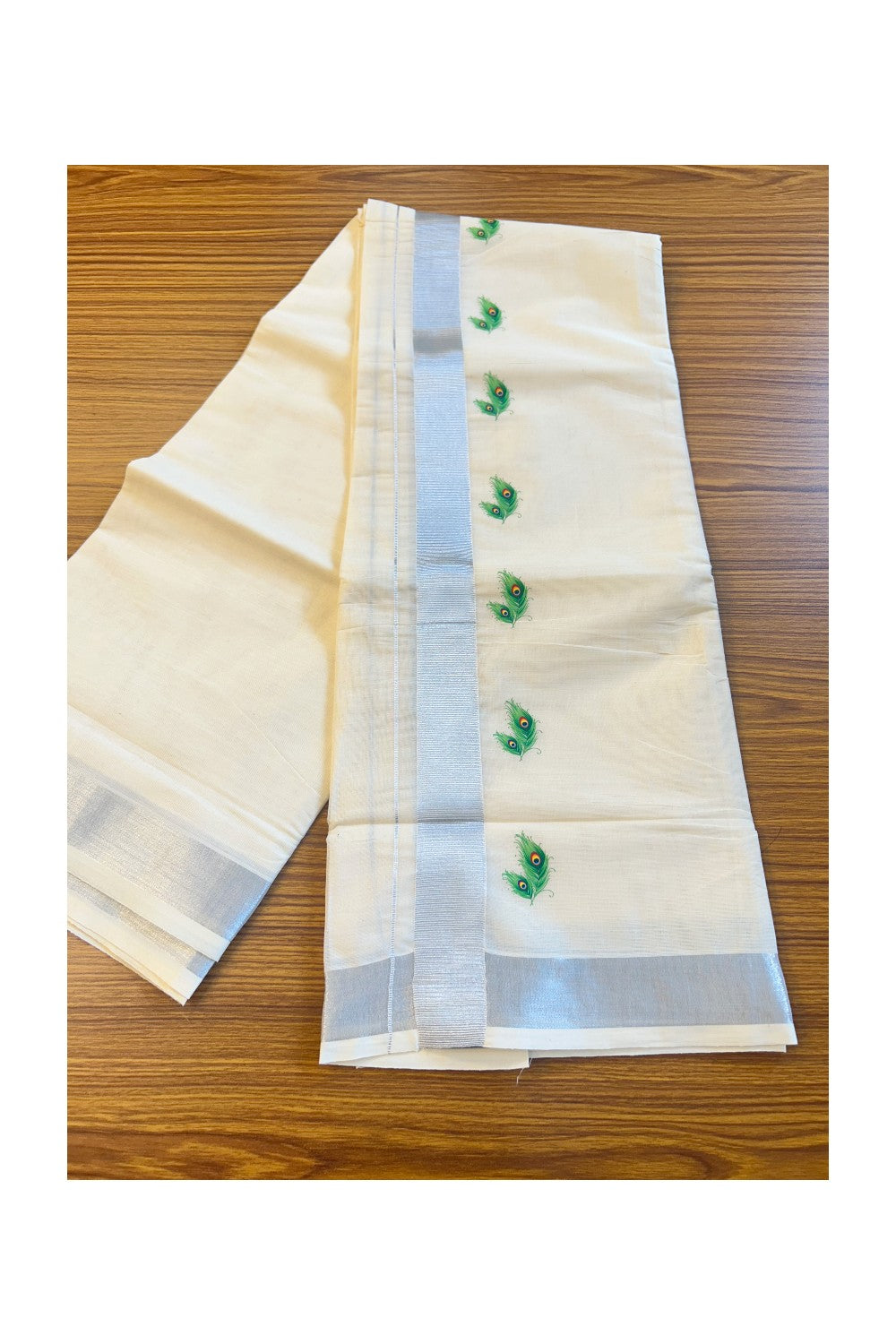 18% Discount !! KaithariKada Balaramapuram 100% Cotton Double Off white Mundu/Dhoti-80x72- 2.5inch Hand Painted Silver Kasavu Peacock feather Design - 4KK78PMC