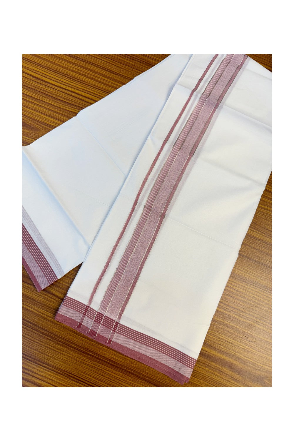 19% DISCOUNT!!! KaithariKada Balaramapuram 100% Cotton Double PURE white Mundu/Dhoti-100x100   2.5 Inch Silver kasavu  stripes & red+white  shaded Kara  - 4KK83VIN