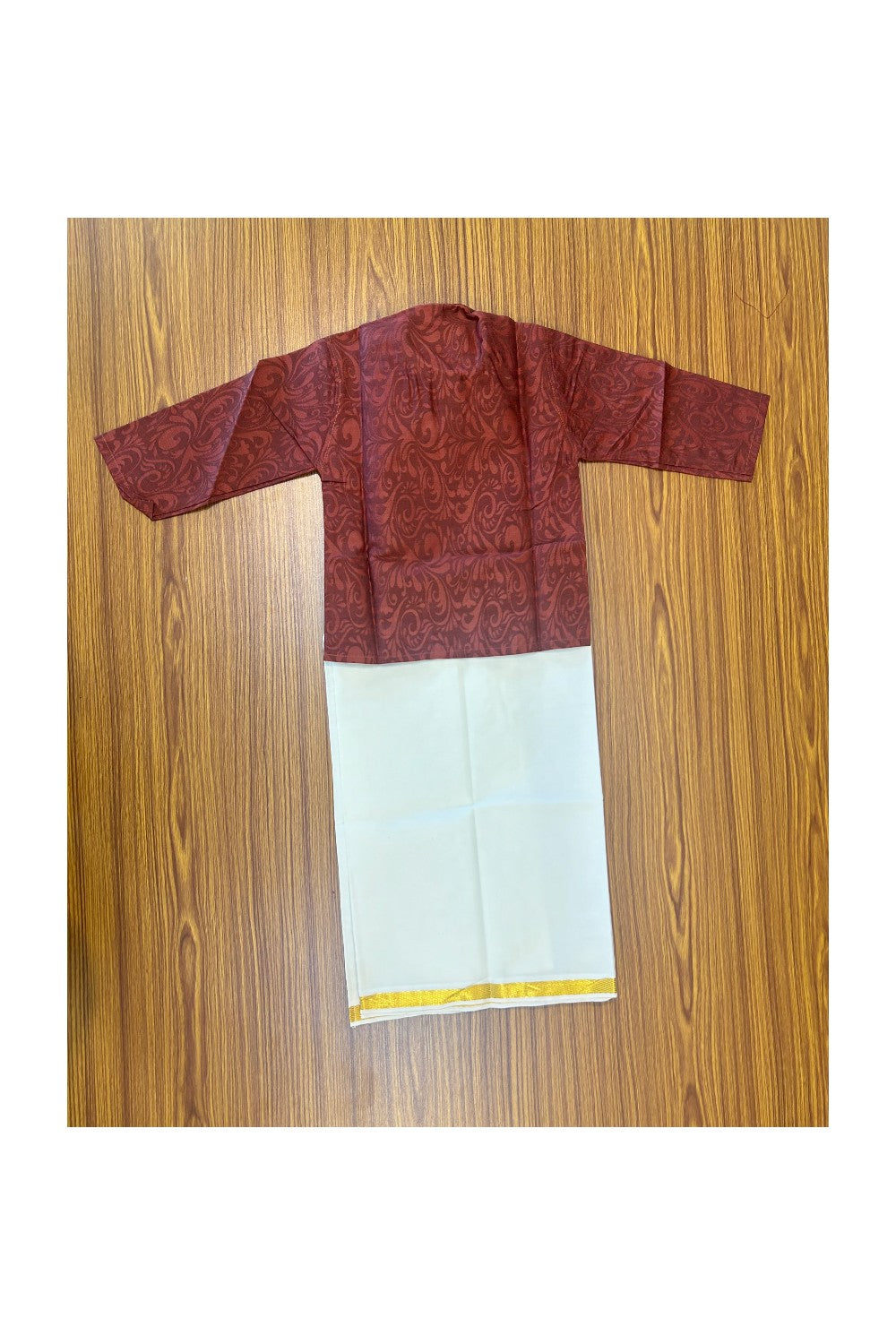 10% DISCOUNT !!! Kaitharikada -Traditional South Indian Kids Cotton Kurta & Dhoti- Brown Kurta with emboss work & Off white Kasavu Dhoti Age 1- 4KK91YUV1.