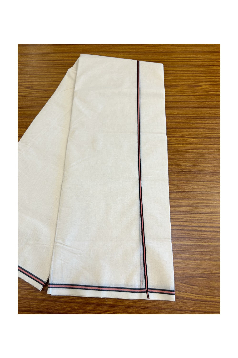 29% Discount !! KaithariKada Balaramapuram 100% Cotton Double off white - (Unbleached) Mundu/Dhoti - 100X100 0.25inch Peach & Black Kara - 4KK5045ASH