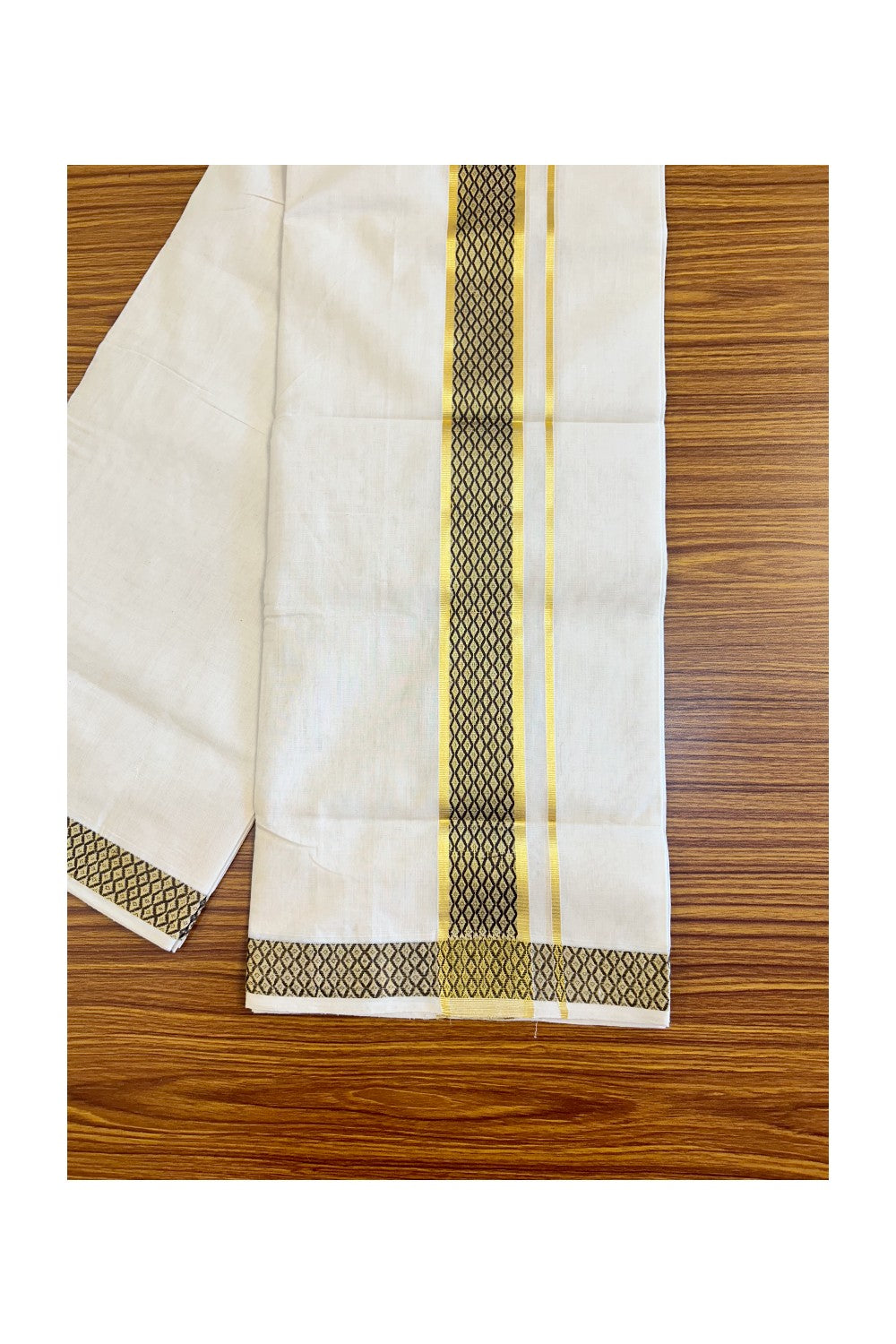 15% Discount!!! KaithariKada HANDLOOM UNAKKUPAAV Balaramapuram - 100% PURE Cotton off white Double Mundu/Dhoti - 2.75 inch Kasavu & brown pattern kara - 4KK415SOM