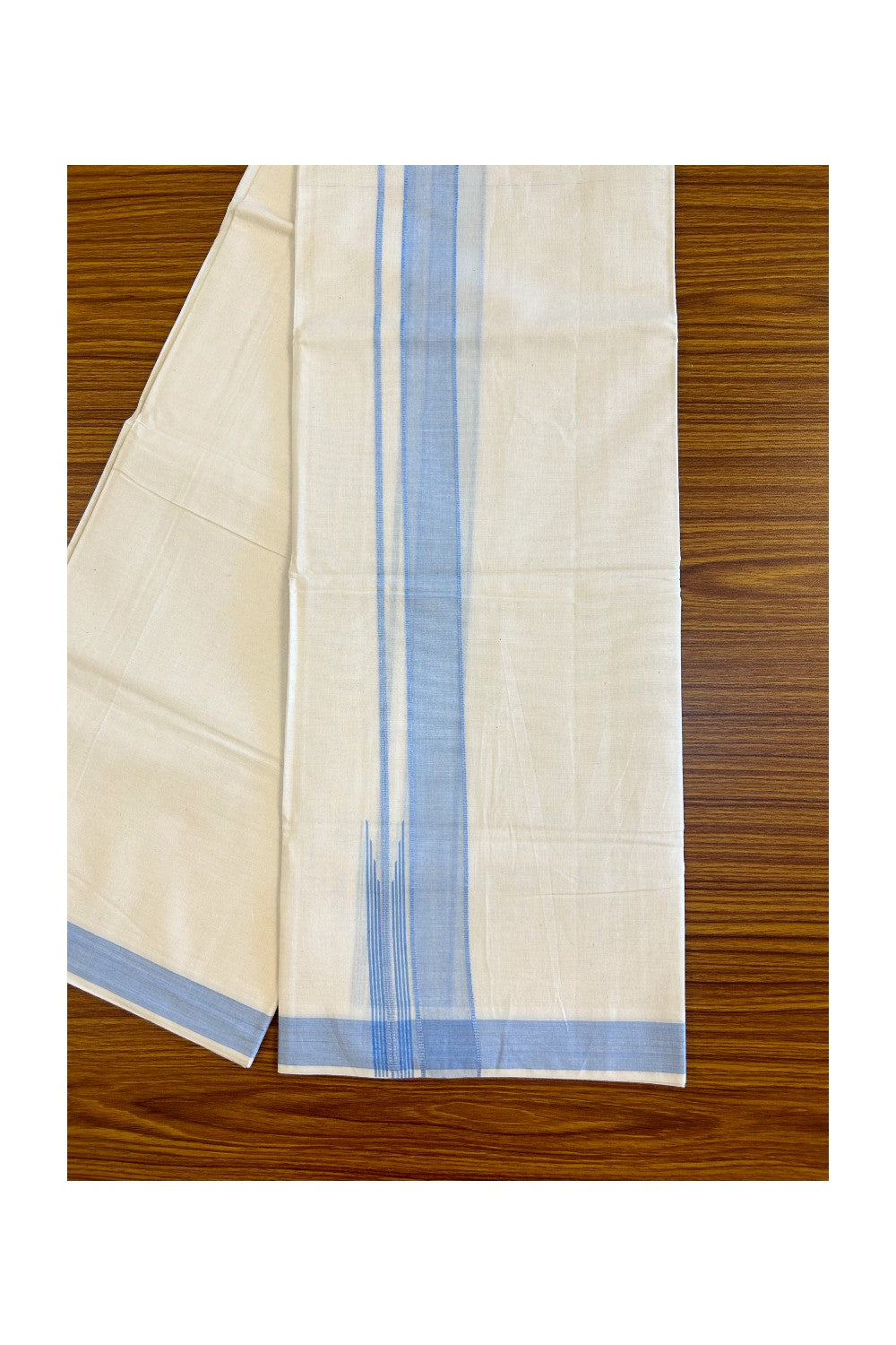 ONAM OFFER 22%! KaithariKada Exclusive 100% PREMIUM Cotton OFF WHITE (Unbleached) Double Dhoti/Mundu- Cotton Sky Blue Kara Printed Striped Chutty - 4KK426MC