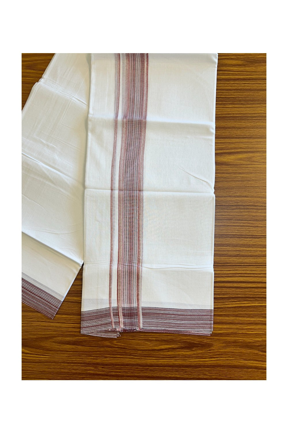 14% DISCOUNT!! Kaitharikada Balaramapuram 100% Cotton Ultra WHITE Double Mundu/Dothi-100x90  2.5 Inch  Silver kasavu Brick red & white shaded kara with black stripes - 4KK430VAS