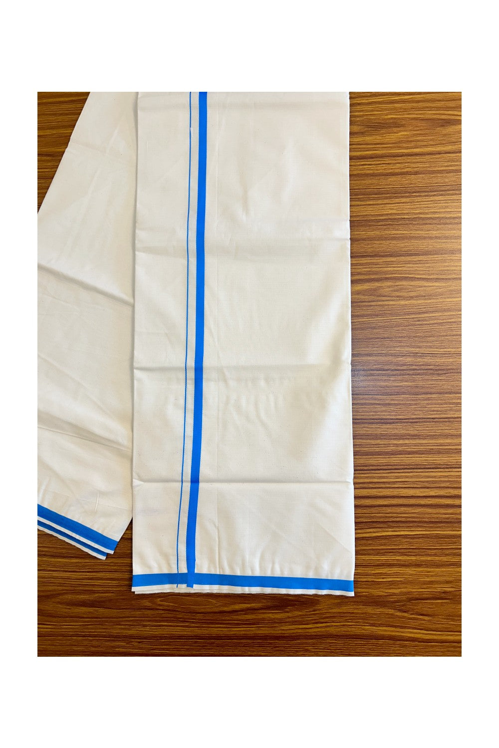 10% DISCOUNT ! KaithariKada Balaramapuram 100%  Cotton Single Off white Mundu/Dhoti-100X100- 0.5 inch BLUE Kara-8KK76MC.