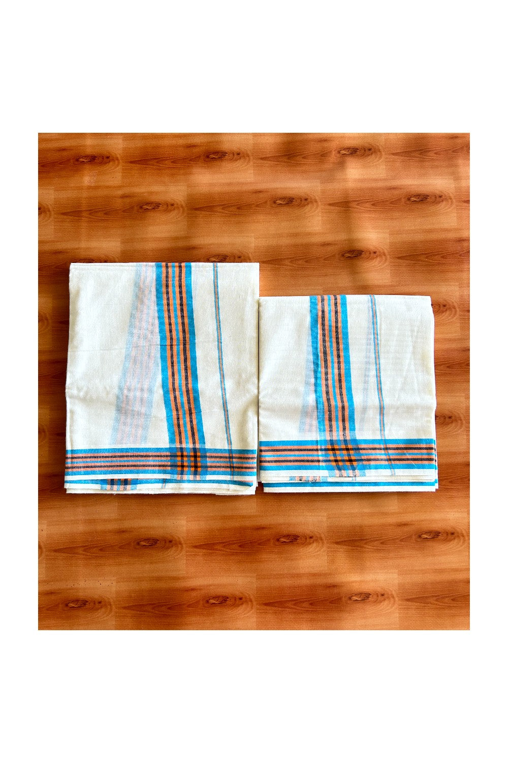 16% Discount!! KaithariKada - Kerala Cotton Single Set Mundu Blue, Orange & Black Striped Mulloth Kara- 4KK494VIN