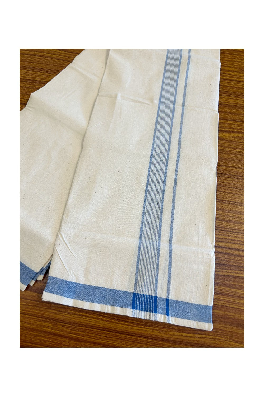 32% Discount KaithariKada 100% Cotton Balaramapuram HANDLOOM Single Mundu/Dhoti - Off White- (Unbleached) 2 inch Blue Stripes Kara - 4KK499KK