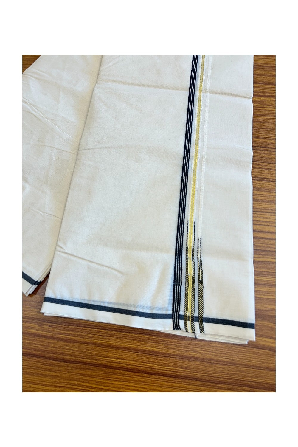 27% Discount Latest!! KaithariKada Balaramapuram 100% Cotton Double Off white Mundu/Dhoti-100x100 1.cm  Puliyilakkara Black Striped kara & Kasavu Double Chutty - 4KK5019ASH